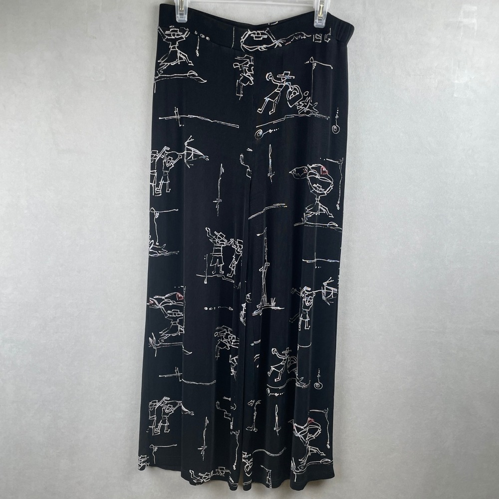VTG Chico's Travelers Stick Figure Novelty Print Art Flowy Wide Leg Pants USA 2